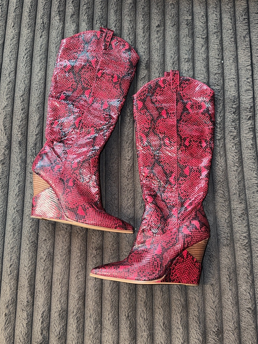 Red Snakeskin Western Wedge Boots - Women's